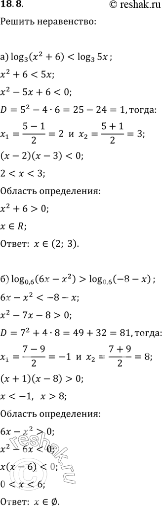 Изображение Решите неравенство:18.8. a) log3 (х2 + 6) < log3(5x);б)	log 0,6 (6x -	х2) > log 0,6 (-8	-	х);в)	lg (х2 - 8)	меньше или равно  lg (2 - 9x);г)	log корень 2(x2 +	10x)...
