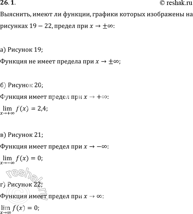 Изображение 26.1 Какая из функций, графики которых изображены на рисунках 19—22, имеет предел при x —> + бесконечность? При x —> - бесконечность? При x —>...