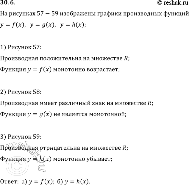 Изображение 30.06 На рисунках 57—59 изображены графики производных функций у = f(x), у = g(x), у = h(x). Определите, какая из функций у = f(x), у = g(x), у = h(x):а) возрастает...