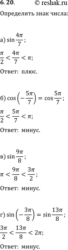 Изображение 6.20 Определите знак числа: a) sin(4пи/7);б) cos(- 5пи/7);в) sin(9пи/8);г) sin(-...
