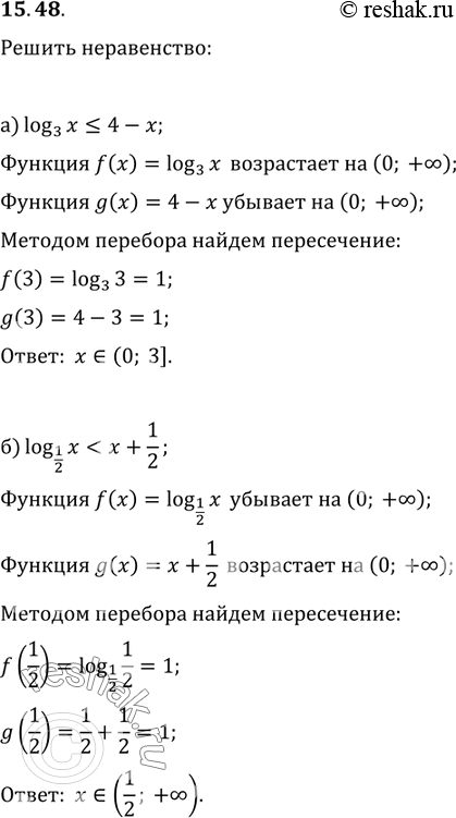 Изображение 15.48 а)log3(x) меньше или равно 4-x;   в)log5(x) больше или равно...