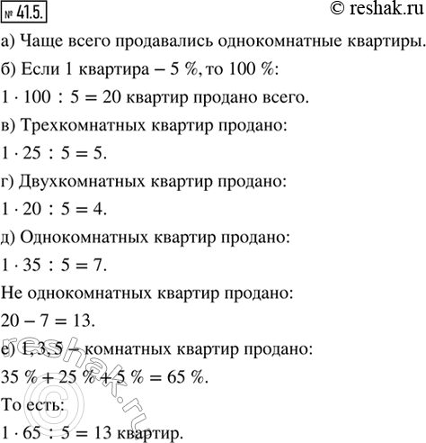 Изображение 41.5. Для упражнений 41.5, 41.6 на рисунке 133 дана круговая диаграмма числа проданных квартир в зависимости от количества комнат. Известно, что пятикомнатная квартира...