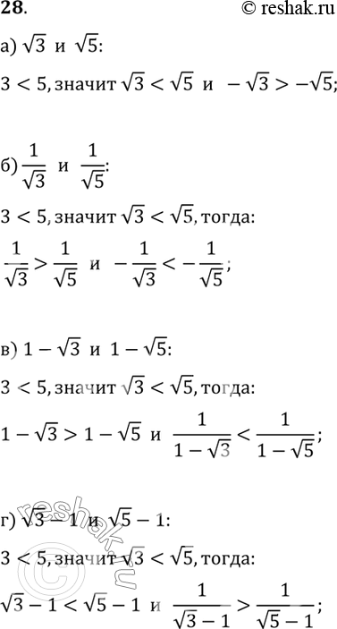 Изображение 28. Сравните:а) v3 и v5,   -v3 и -v5;б) 1/v3 и 1/v5,   -1/v3 и -1/v5;в) 1-v3 и 1-v5,   1/(1-v3) и 1/(1-v5);г) v3-1 и v5-1,   1/(v3-1) и...
