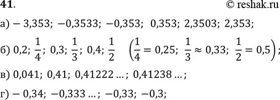 Изображение 41. Расположите в порядке возрастания числа.а) 2,353; 0,353; -3,353; 2,3503; -0,3533; -0,353;б) 0,2; 0,3; 0,4; 1/2; 1/3; 1/4;в) 0,41238...; 0,41; 0,041;...