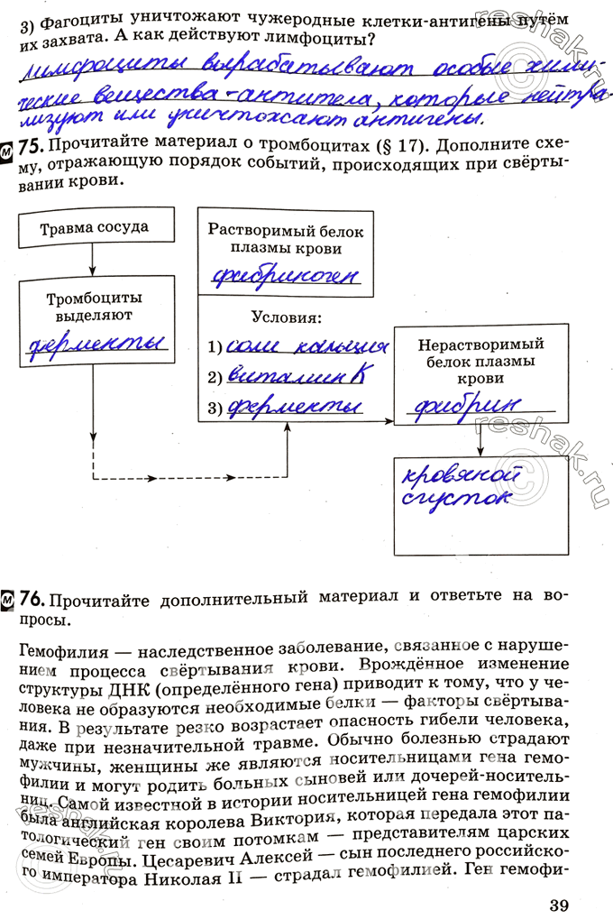 Изображение 3) Фагоциты уничтожают чужеродные клетки-антигены путём их захвата. А как действуют лимфоциты?75. Прочитайте материал о тромбоцитах (§ 17). Дополните схему, отражающую...