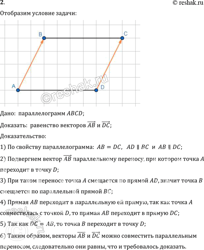 Изображение 2. Четырёхугольник ABCD — параллелограмм. Докажите равенство векторов АВ и DC.Дано:  параллелограмм ABCD;Доказать:  равенство векторов (AB)  и...