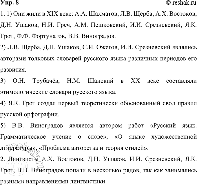Изображение 8 Перед вами список имён русских лингвистов.А. А. Шахматов, Л. В. Щерба, А. X. Востоков, Д. Н. Ушаков, Н. И. Греч, А. А. Барсов, О. Н. Трубачёв, С. И. Ожегов, В. Е....