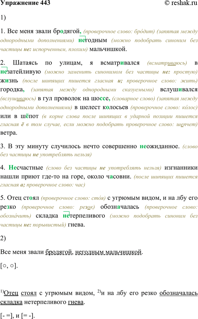 Изображение 443. 1. Запишите предложения, раскрывая скобки, вставляя недостающие буквы и знаки препинания. Обозначьте орфограммы.1. Bce меня звали бр..дягой (не) годным...
