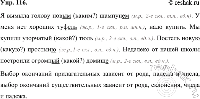 Изображение Спишите предложения, дописывая окончания слов. От чего зависит выбор окончаний? Объясните их написание.Я вымыла голову новым (каким?) шампунем (м.р., 2-е скл., т.п.,...