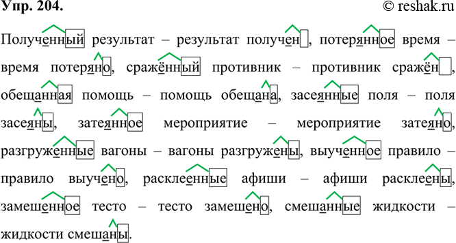 Изображение 204. Образуйте и запишите краткие формы данных страдательных причастий по образцу. Гласную в суффиксах причастий подчеркните.Образец: спиленное дерево — дерево...